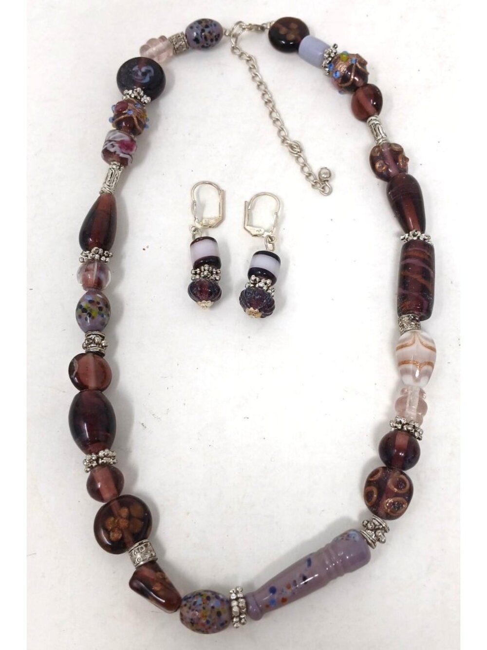 Handcrafted Necklace & Earrings Unique Multicolor Glass Beads Silver Tone #J8